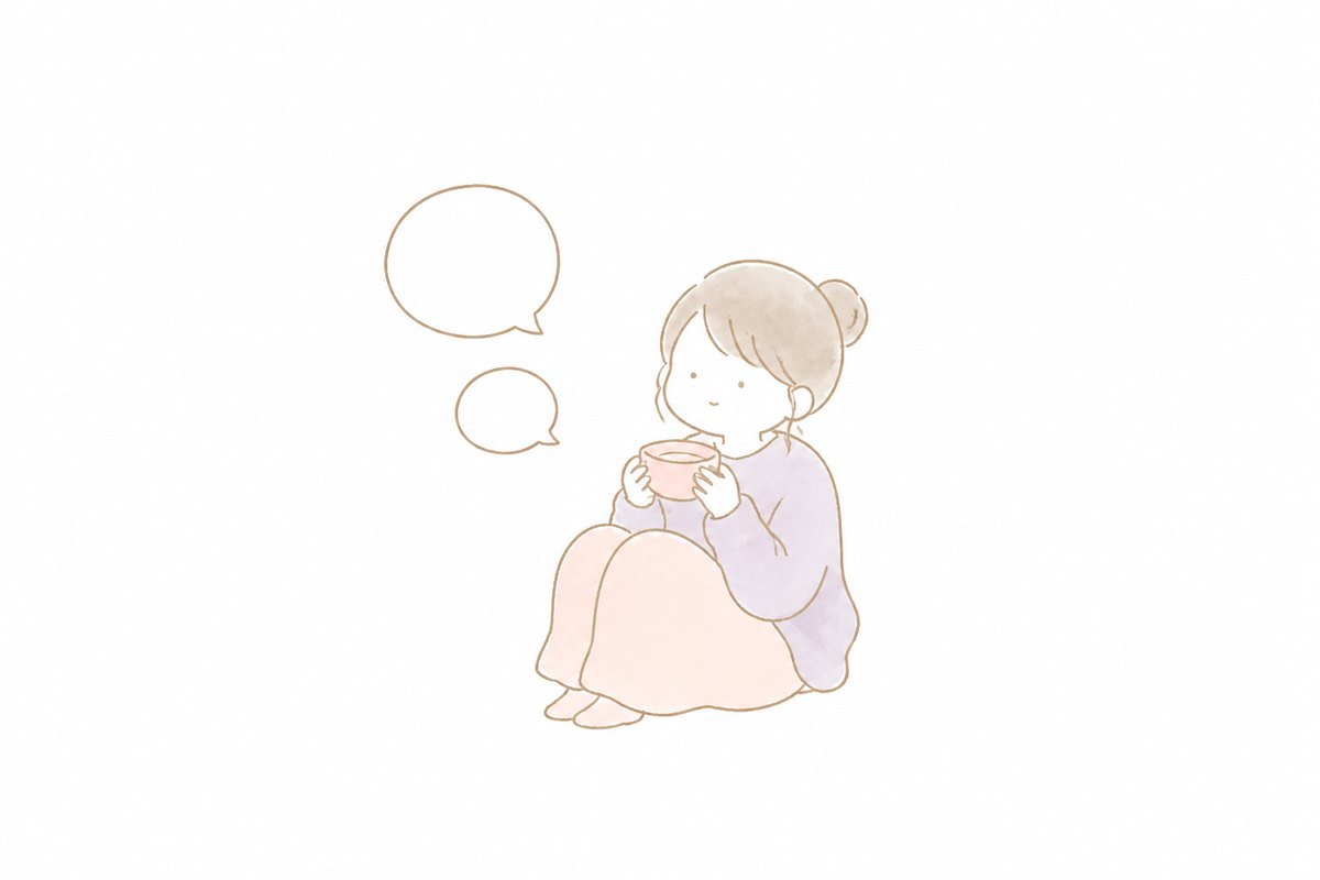 お茶を飲みながらひとやすみする女性のイラスト